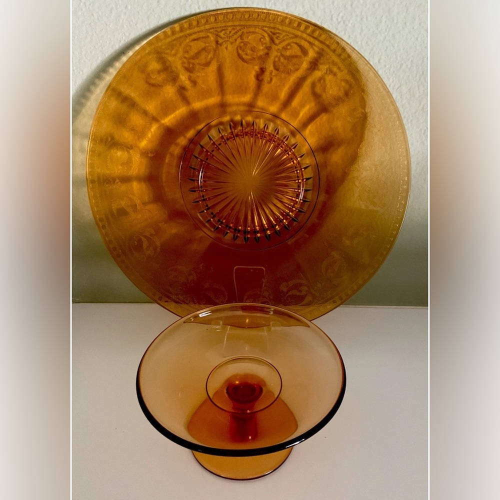 COLLECTORS 1930’s  AMERICAN GLASS Amber Needle Etched Plate / Bowl Nice